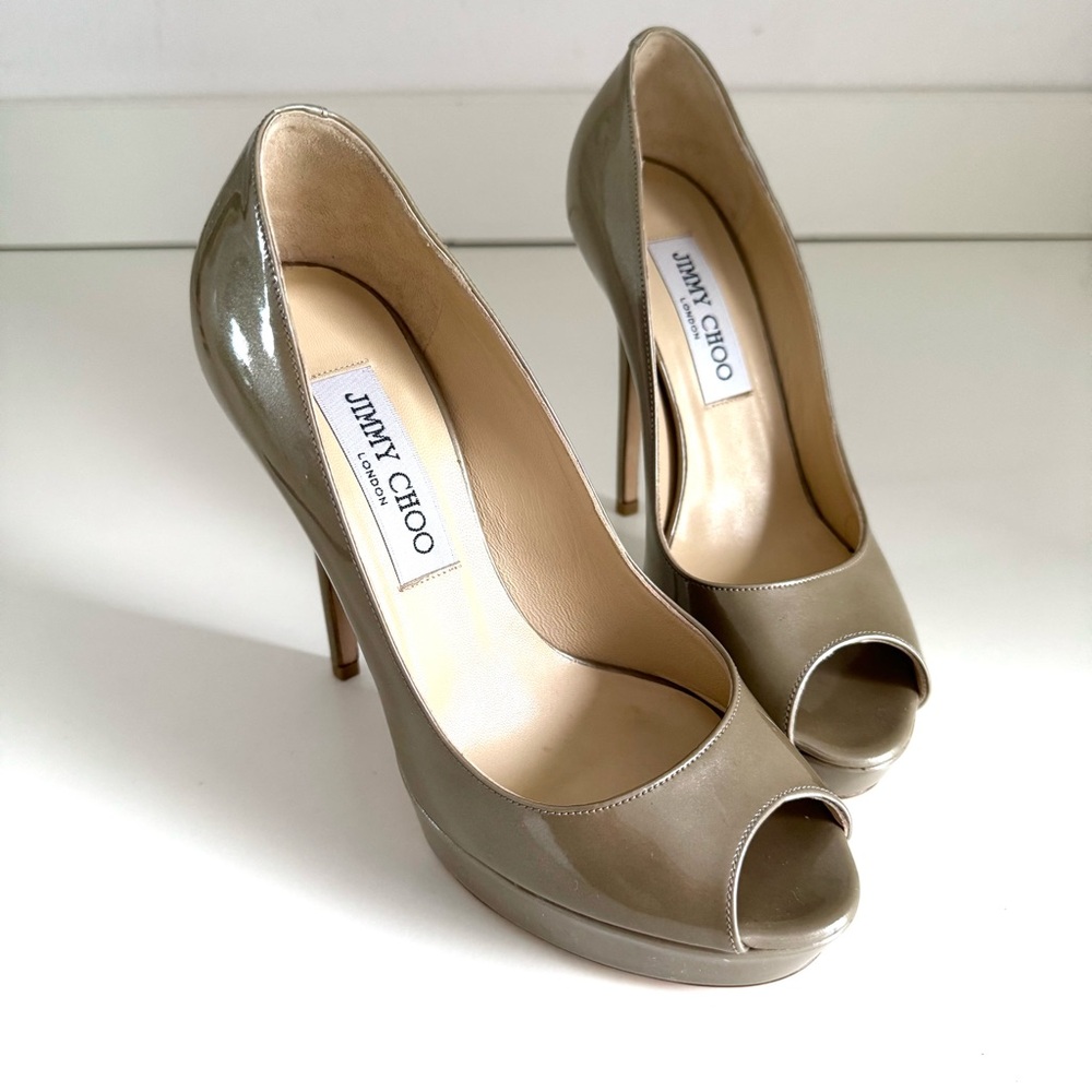 Jimmy Choo Crown Beige Khaki Patent Leather Peep Toe Platform Heels size 5.5 - Picture 8 of 16